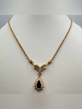 Roman Gold Tone Black Teardrop Pendant Necklace w/ Crystal Accents